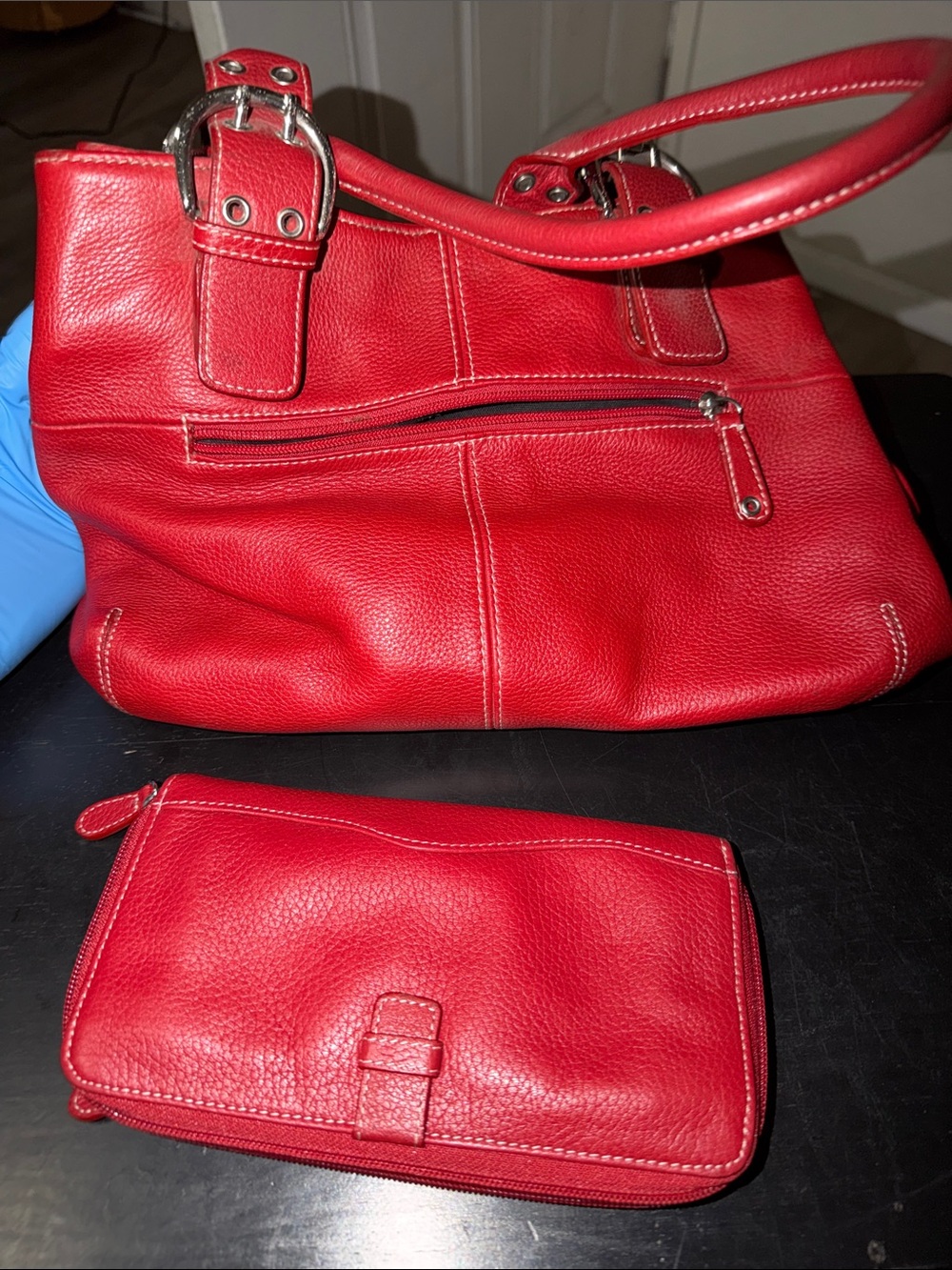 Tignanello Red Leather Shoulder Bag with Matching Wallet